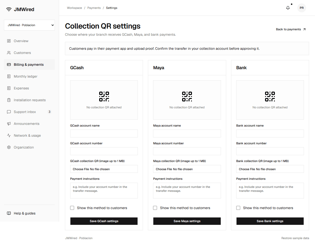Collection QR settings with separate GCash, Maya, and Bank forms for account details, image upload, instructions, and customer visibility