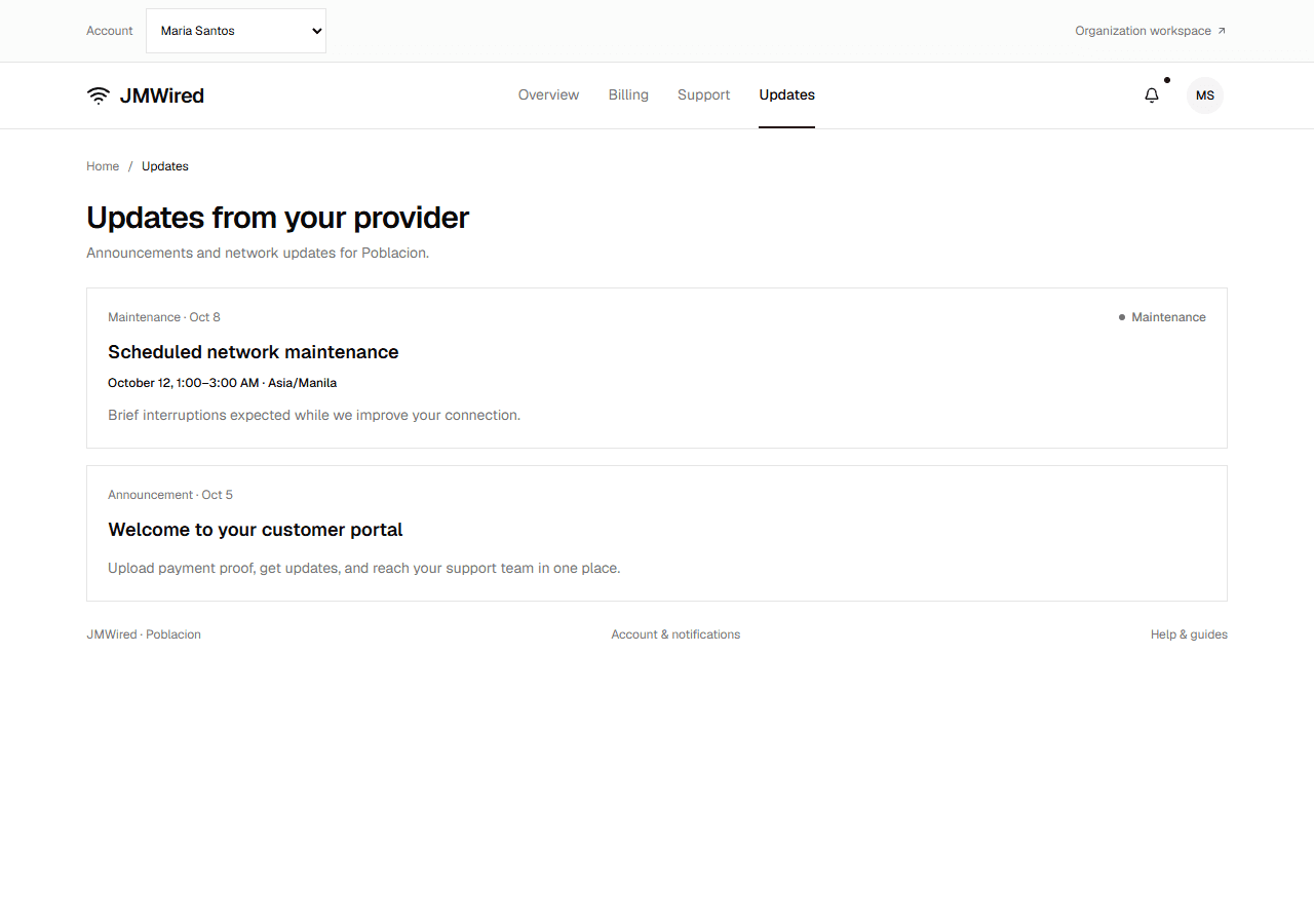 Customer Updates page showing a maintenance notice, its scheduled time, and a branch announcement