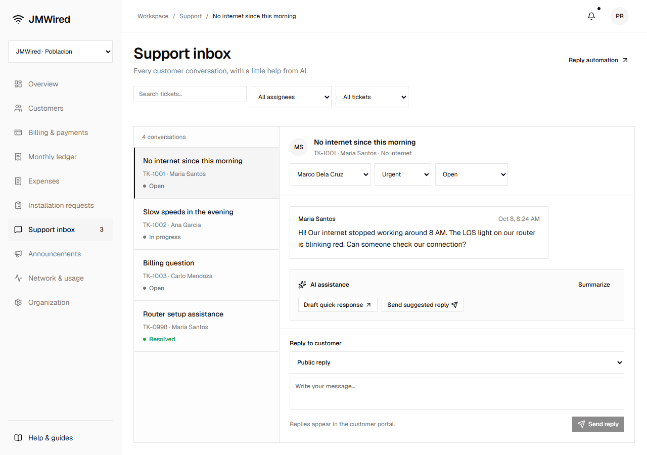 Staff support conversation with assignment, status, reply suggestions, and message visibility controls