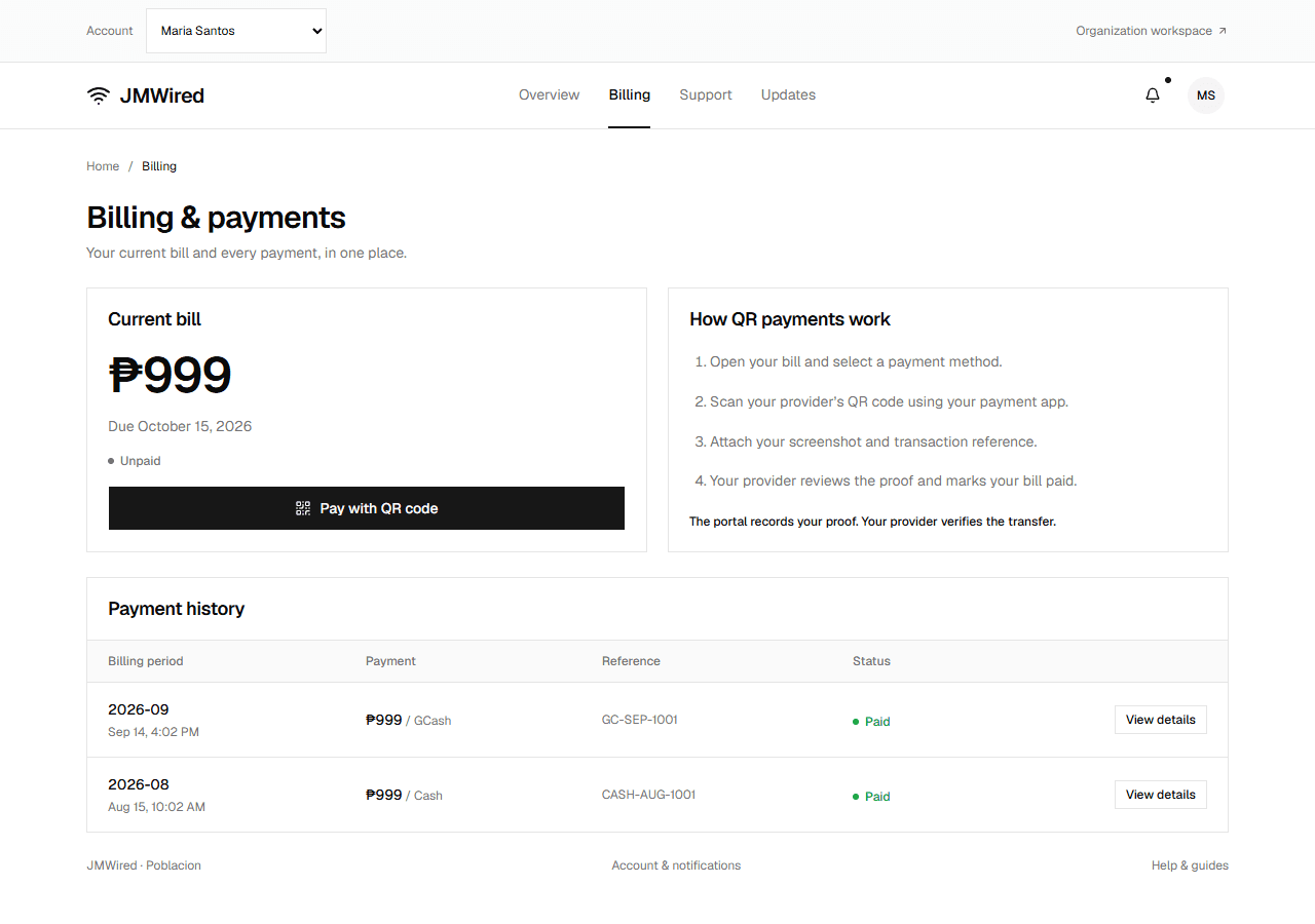 Customer billing screen showing the current bill, QR payment steps, and payment history