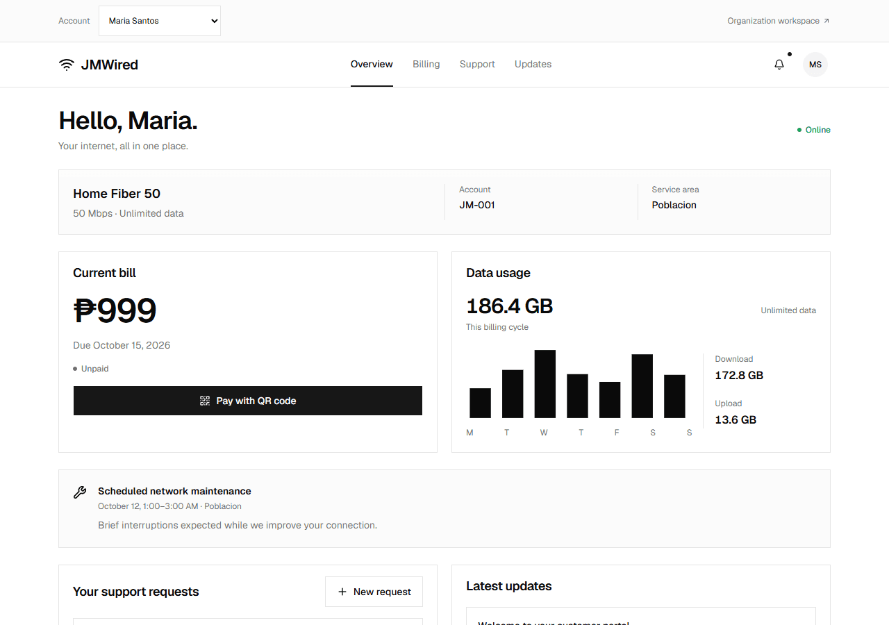 Customer overview showing the plan, account number, current bill, data usage, and support requests