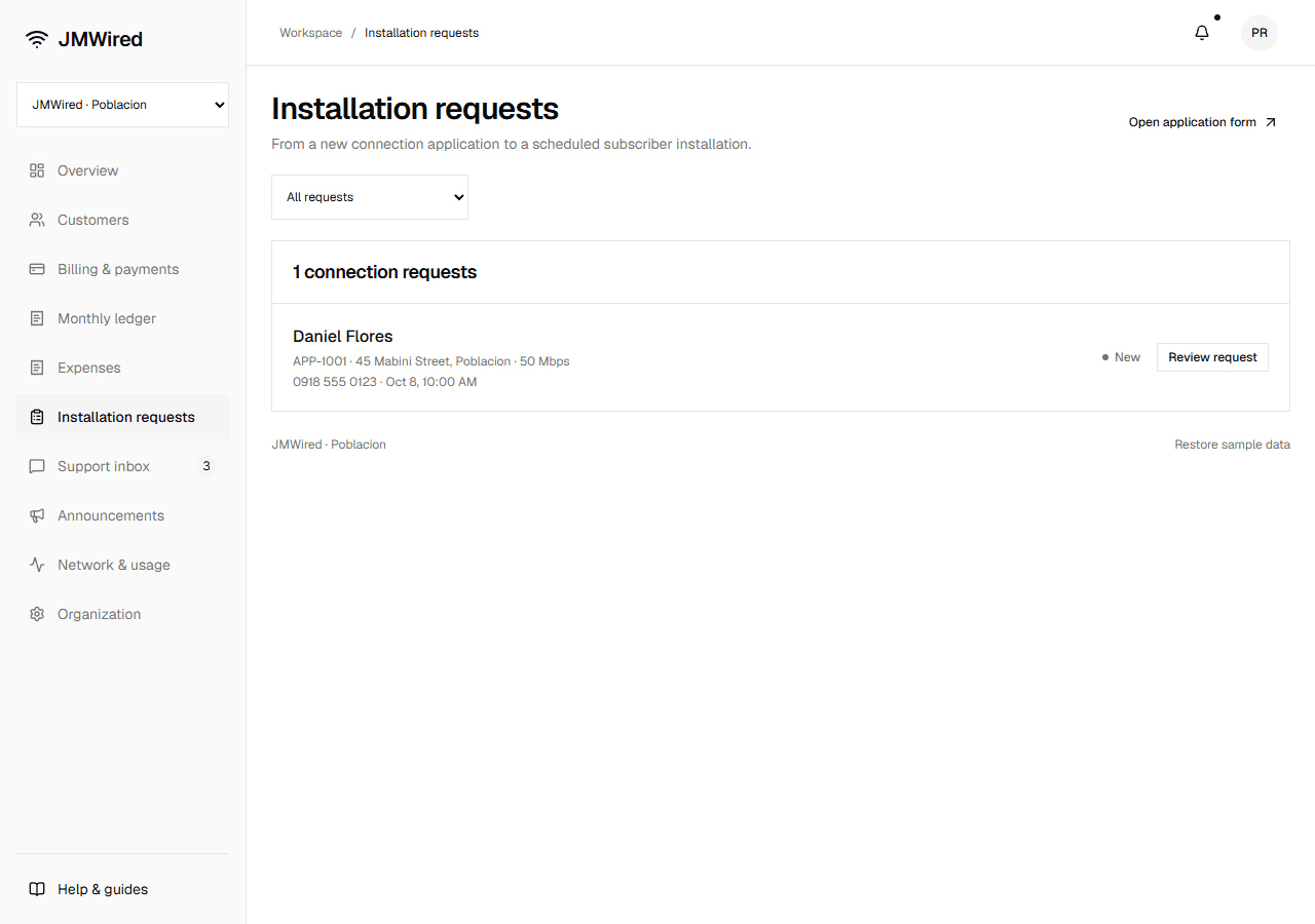 Installation requests queue showing an applicant, requested plan, application status, and Review request