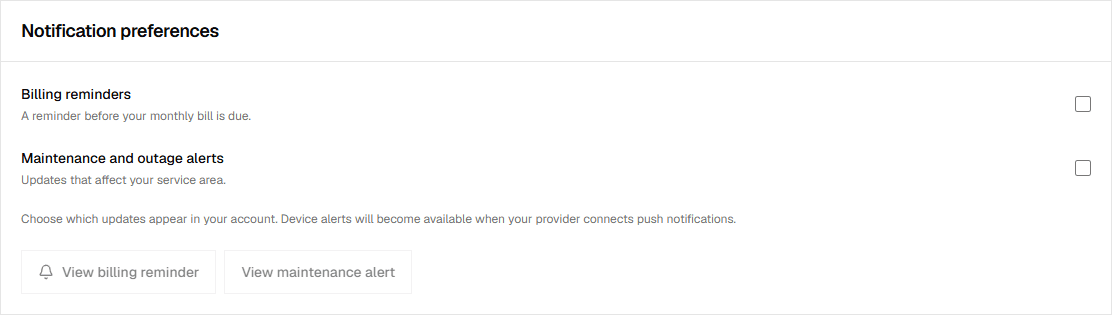Notification preferences with billing reminders, maintenance and outage alerts, and message preview buttons