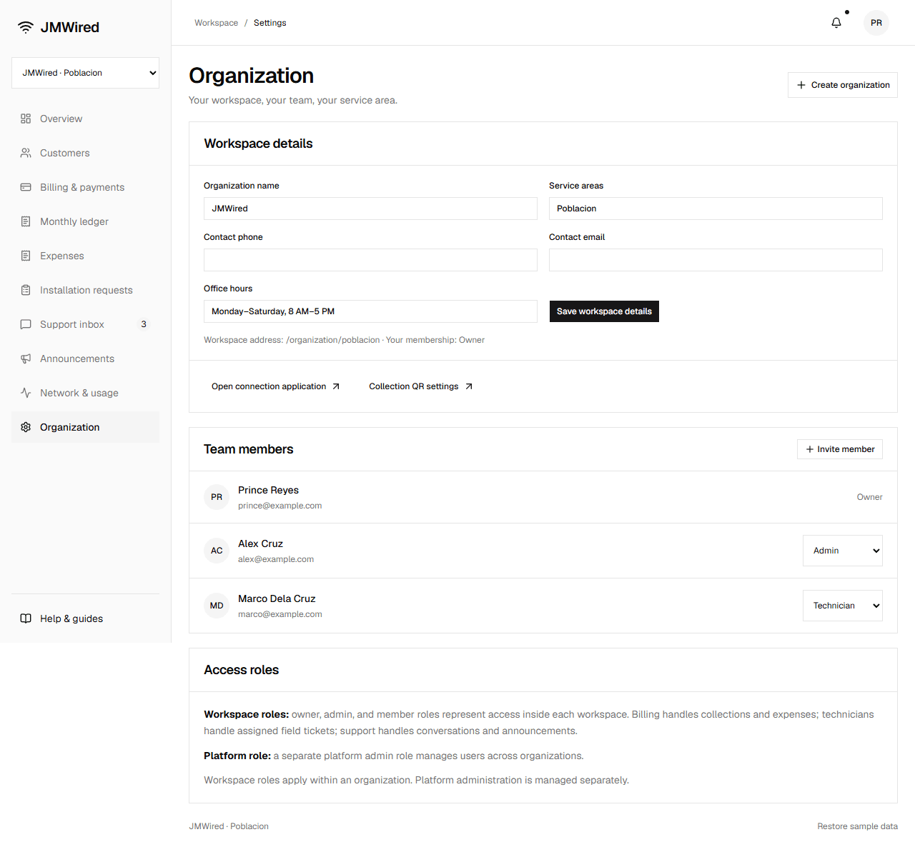 Organization settings showing branch details, service areas, contact information, and team membership roles