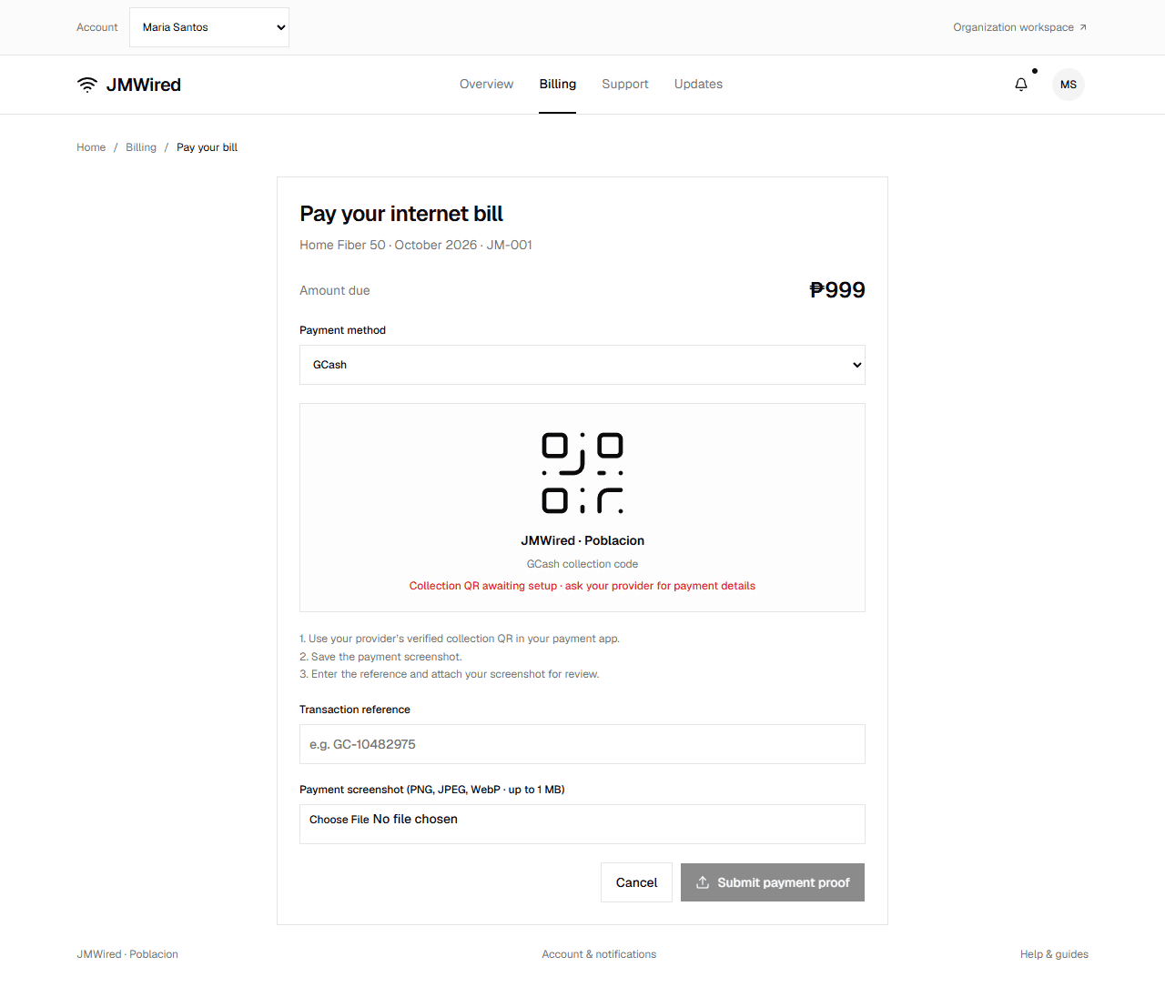 Payment proof form showing the payment method, collection details, transaction reference, screenshot attachment, and Submit payment proof button