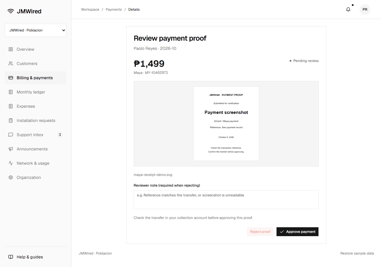 Payment review screen showing a submitted screenshot, payment reference, Pending review status, reviewer note, and approval or rejection controls