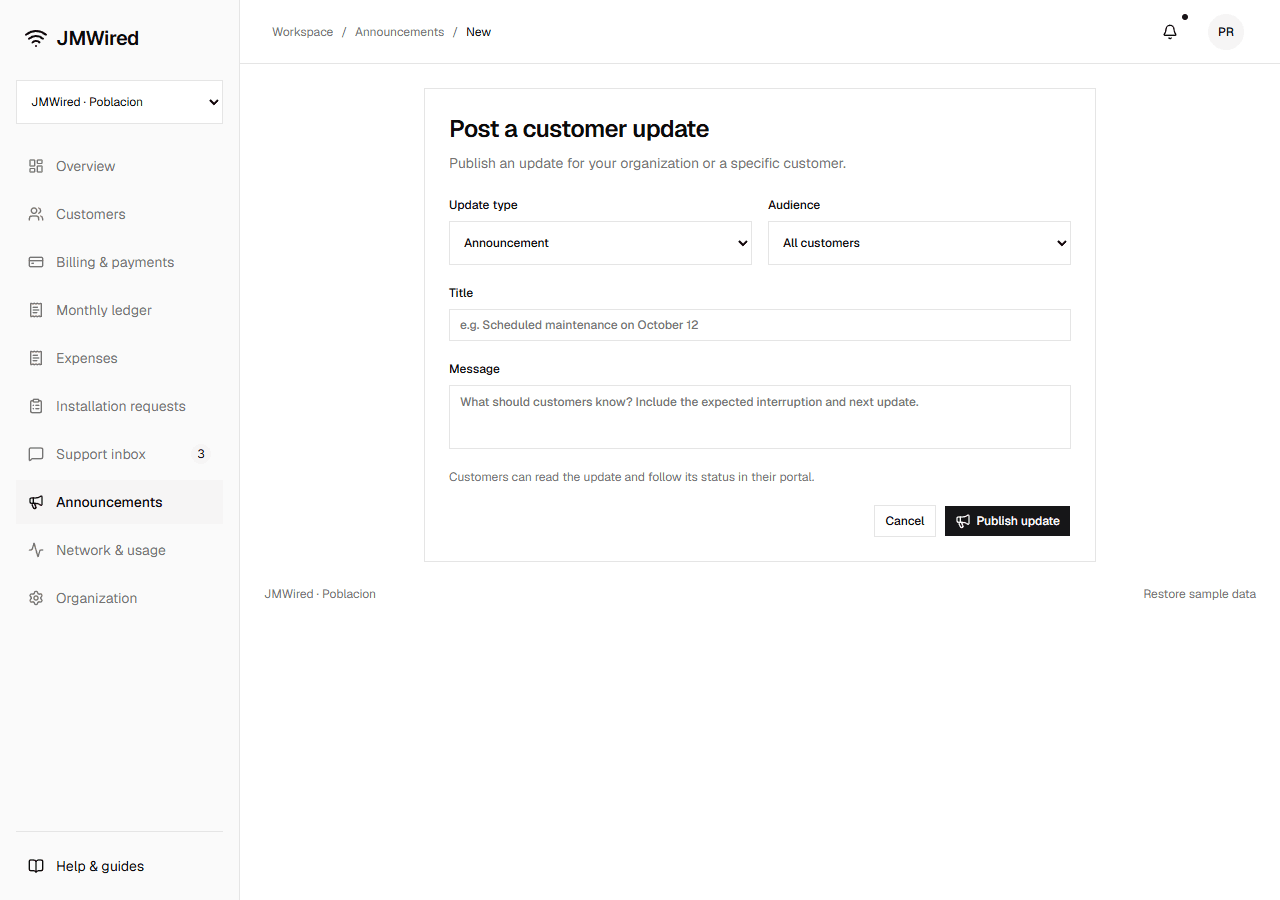 Post a customer update form with update type, audience, title, message, and Publish update