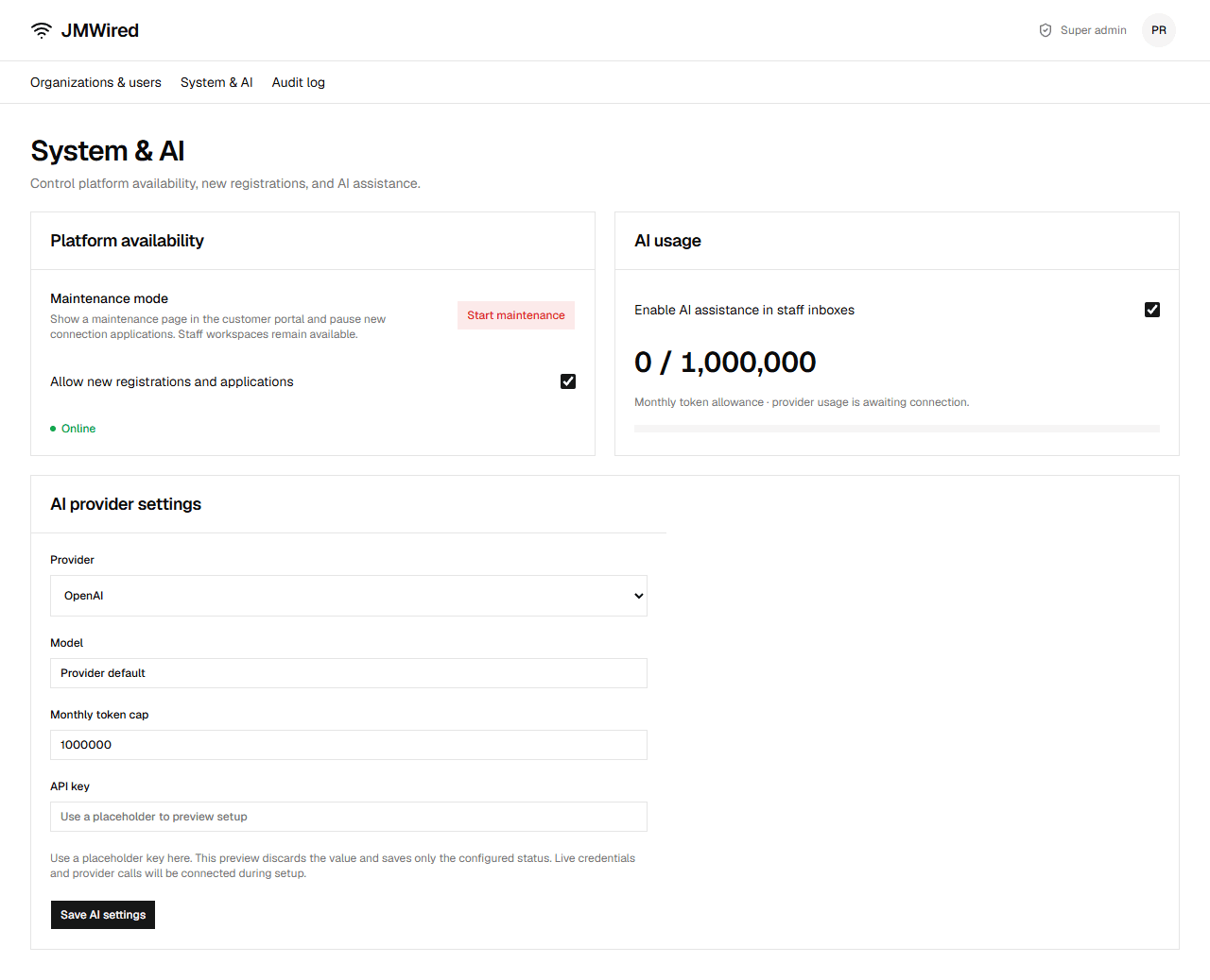 Platform System and AI screen with maintenance, registration, AI availability, provider, model, and token cap controls